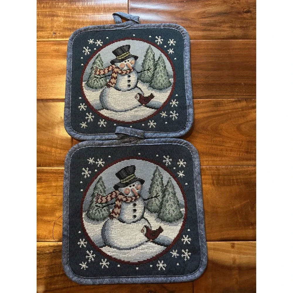 Vintage Snowman Winter Tapestry Pot Holders Set of 2 Blue Quilted Christmas